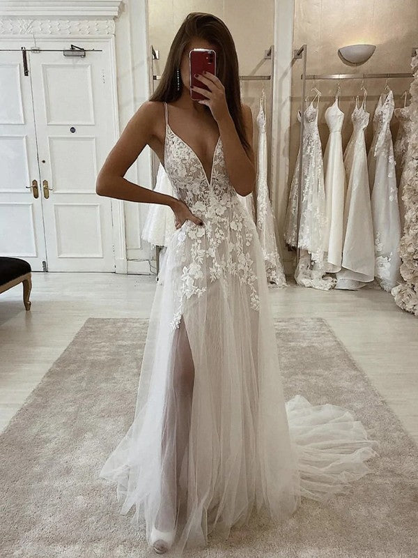 Wholesale A-Line/Princess Tulle Applique V-neck Sleeveless Sweep/Brush Train Wedding Dresses